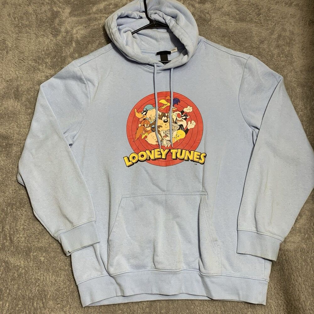 H&M Looney Tunes Hoodie Mens Large Light Blue Graphic Character Regular Fit